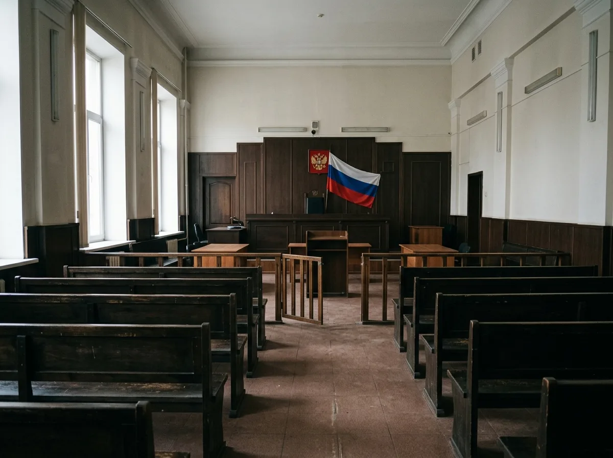 Зал судебного заседания, пустые деревянные скамьи, строгий интерьер суда с высокими потолками и флагом России на заднем плане, фотореалистичная съёмка, без текста и надписей на изображении