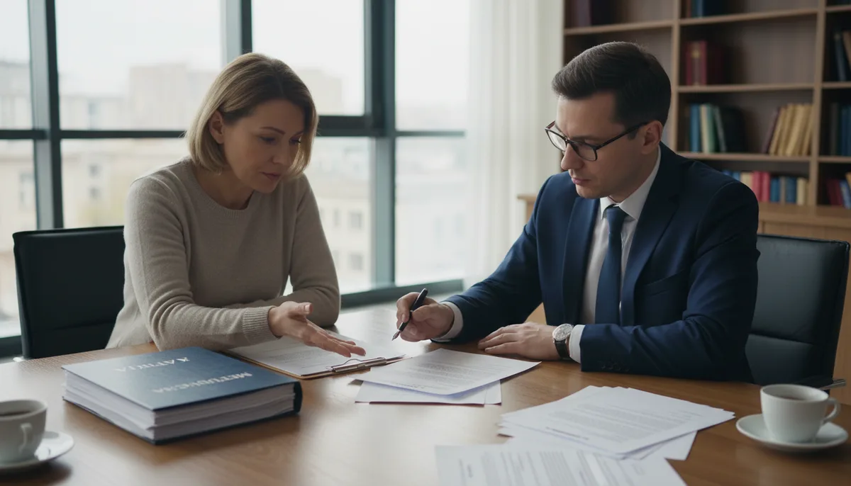пациент и юрист за столом с документами, медицинская карта, ручка