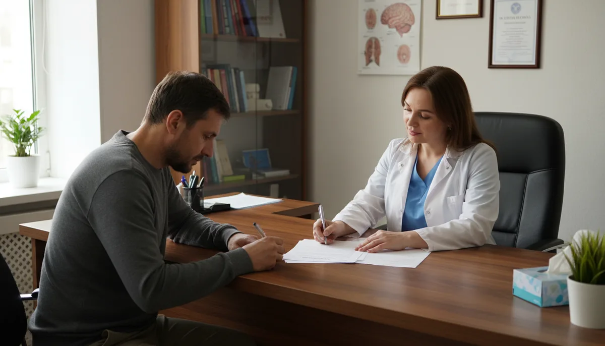 пациент подписывает медицинские документы в кабинете врача-нарколога
