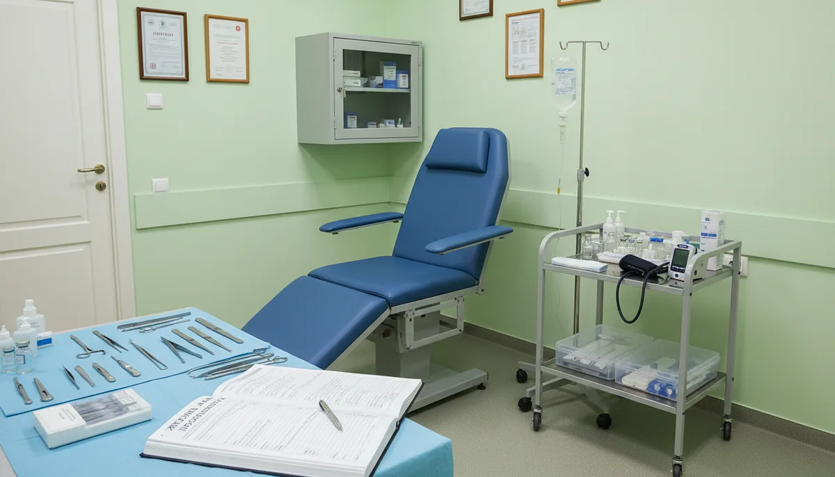 Медицинский кабинет наркологической клиники, процедурное оборудование, стерильные инструменты, журнал учёта