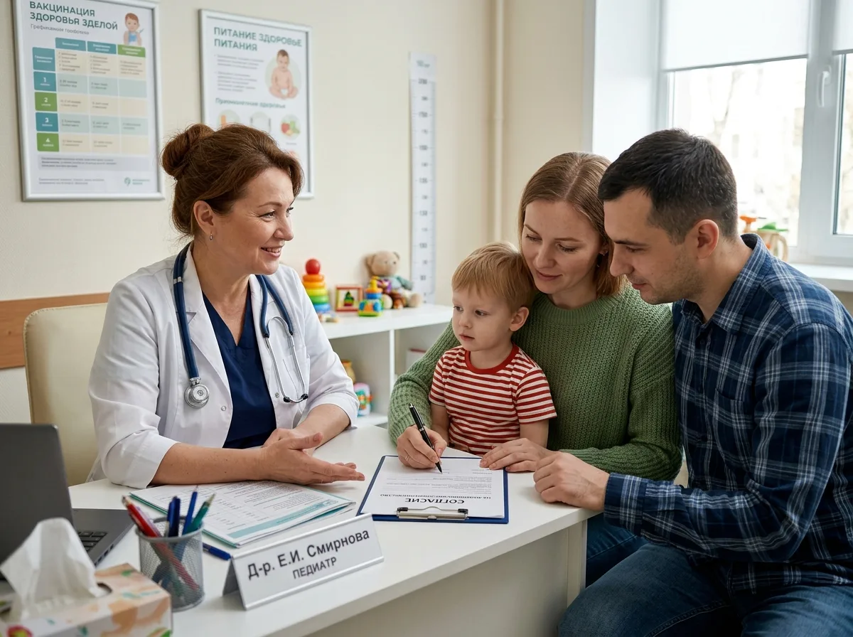 Педиатр получает согласие от родителей ребёнка на медицинское вмешательство, подписание документов в клинике