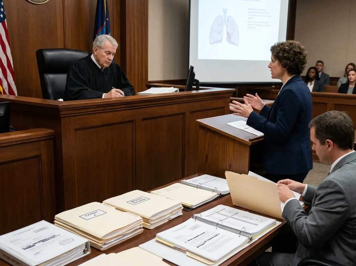 Зал суда с судьёй, рассматривающим медицинское дело, папки с документами на столе