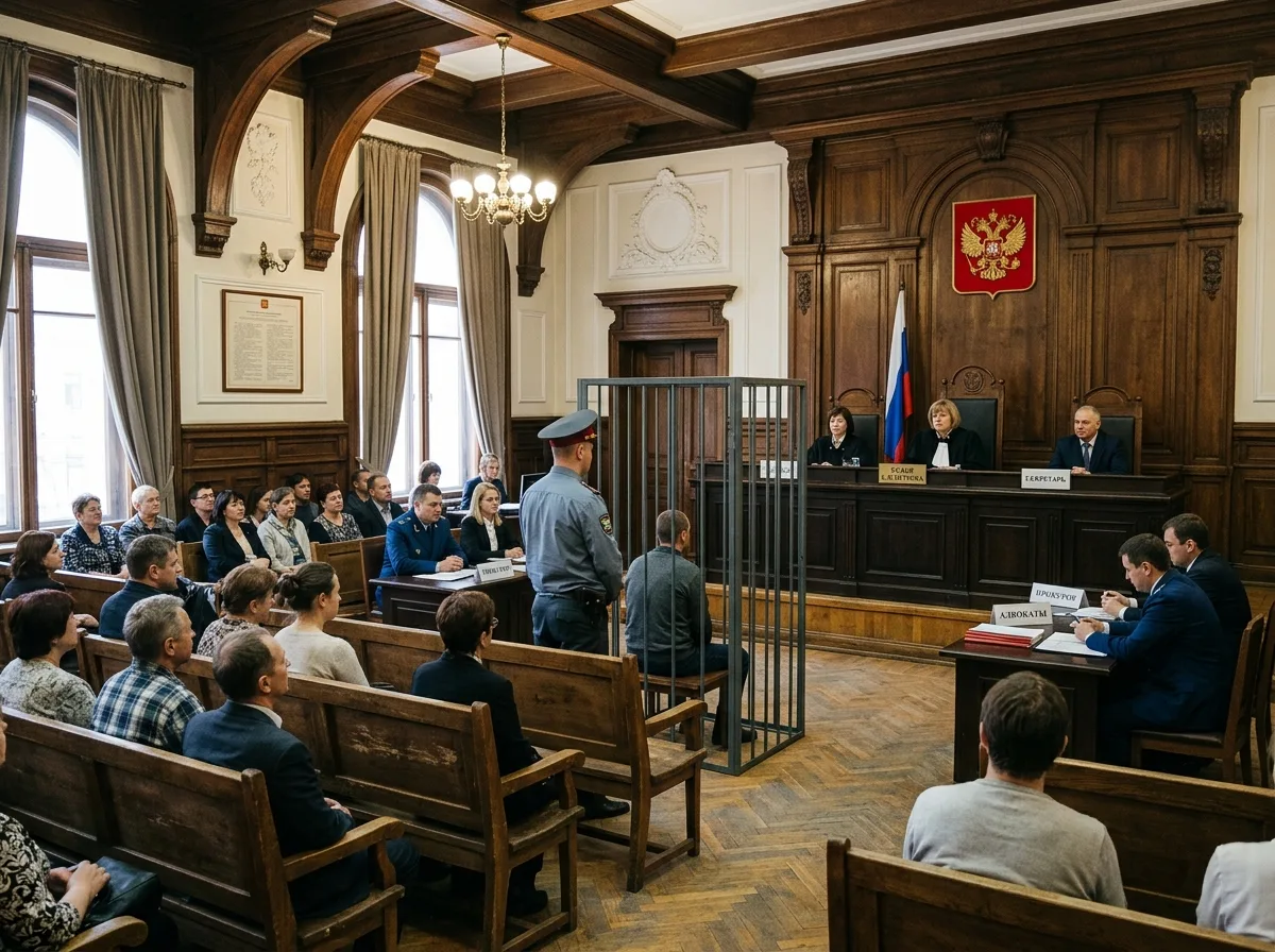Зал суда с деревянными скамьями и судейским столом, классический интерьер российского суда
