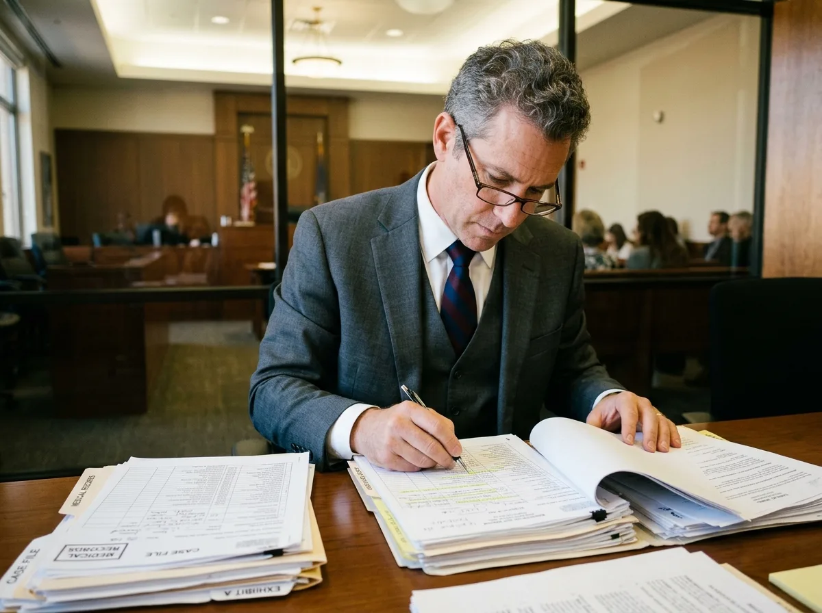 Юрист изучает медицинские документы для защиты прав пациента в суде